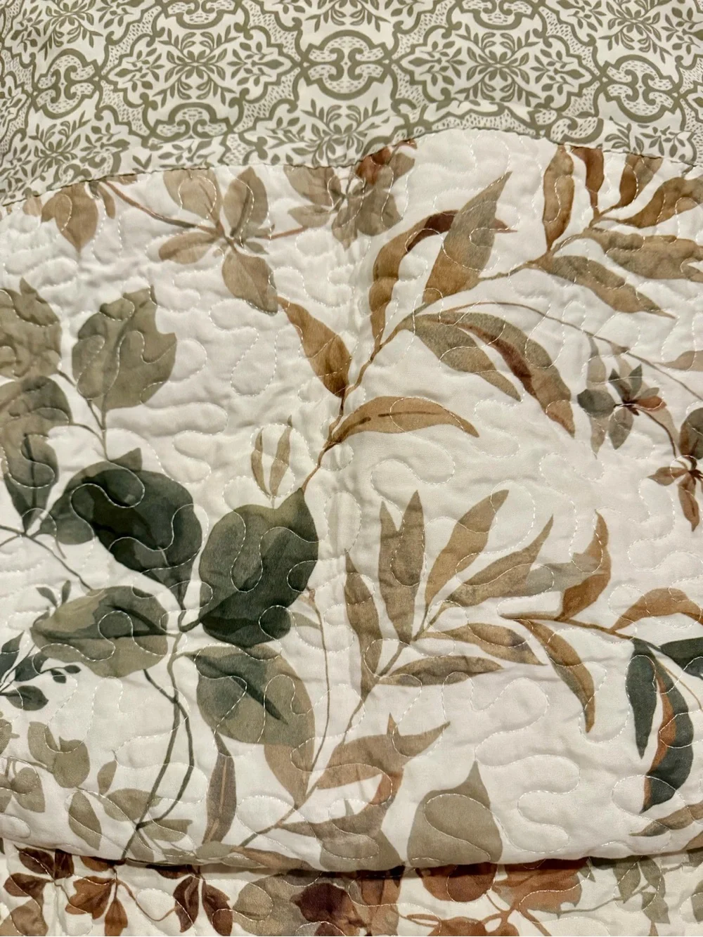 Set of Floral Leaf Quilted Pillowcases in Cream, Green & Brown - Unbranded